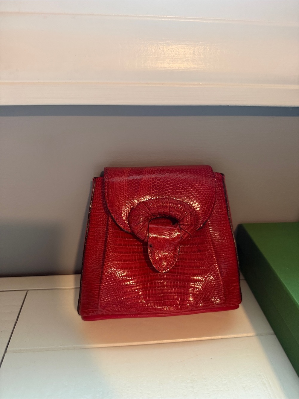 Red Croc-Texture Mini Top-Handle Bag